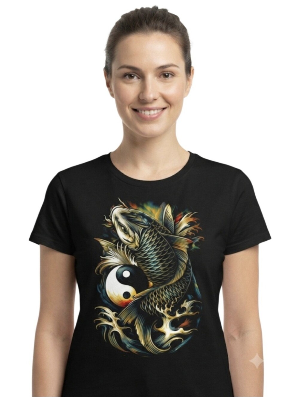 Upcycled Koi Fish Yin Yang Graphic Tshirt Size M Japanese Zen Short Sleeve Black